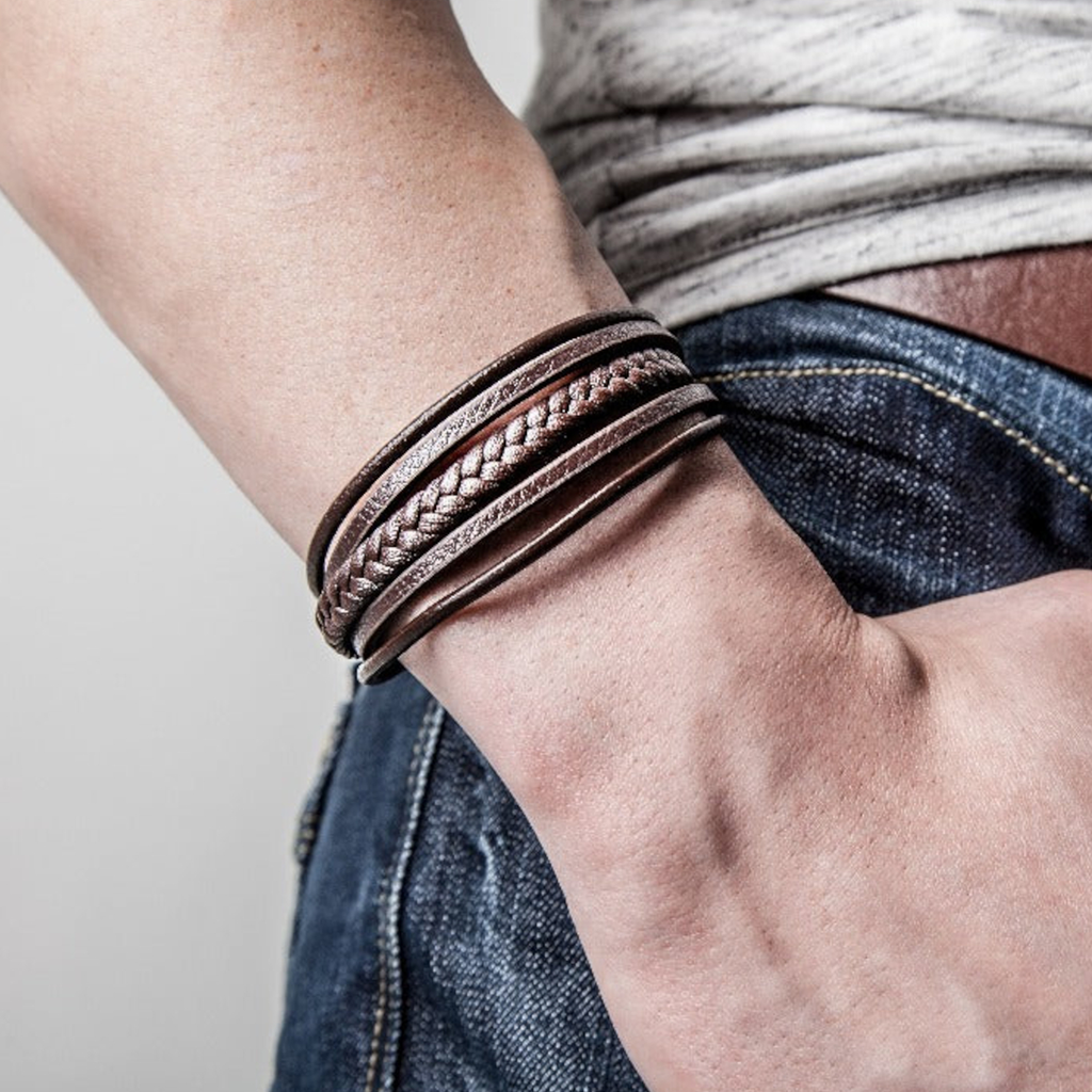 Bracelet en cuir pour homme Serasar 'Tresse', marron