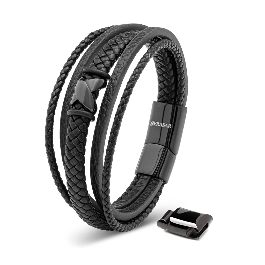 Serasar 'Flake' Men's Leather Bracelet, Black