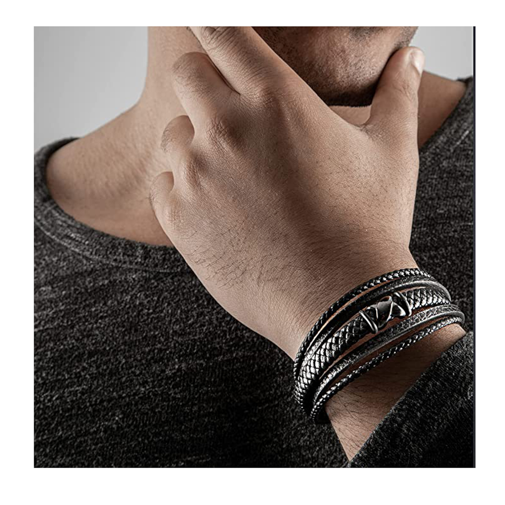 Bracelet en cuir pour hommes Serasar 'Flake', noir