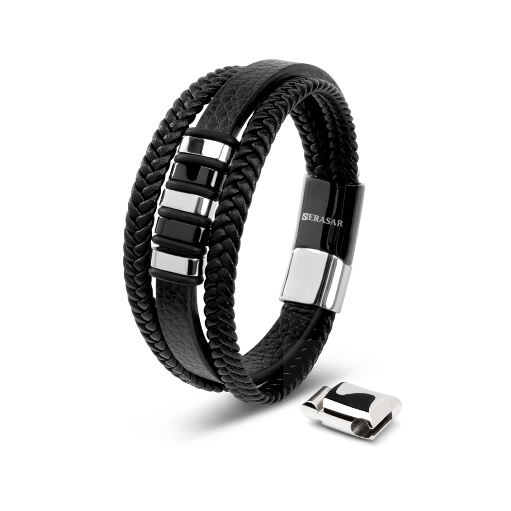 Bracelet en cuir Serasar 'Glory' pour homme, argent et noir