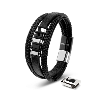 Serasar 'Glory' Men's Leather Bracelet, Silver & Black