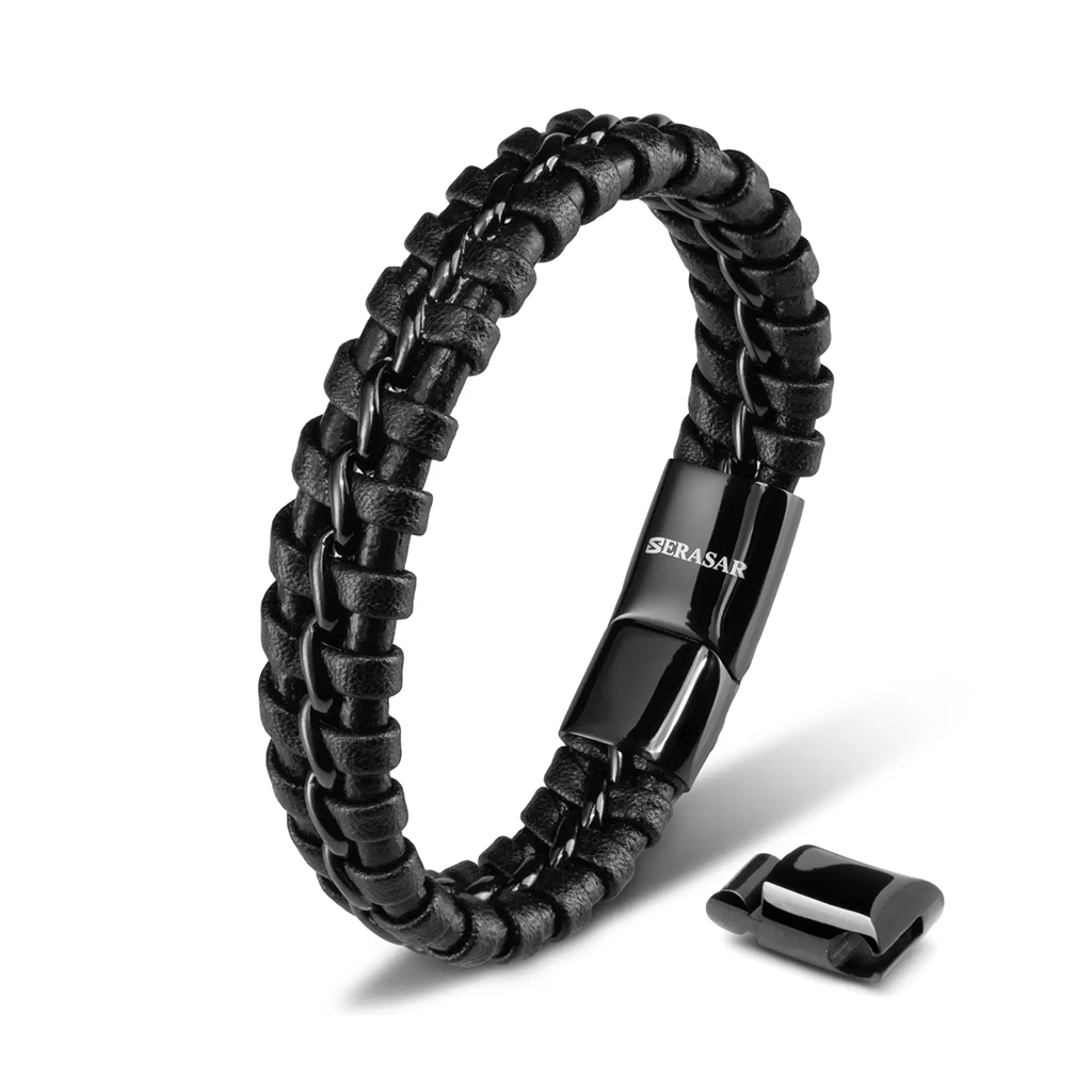 Serasar 'Joy' Pulsera de Cuero para Hombre, Negro