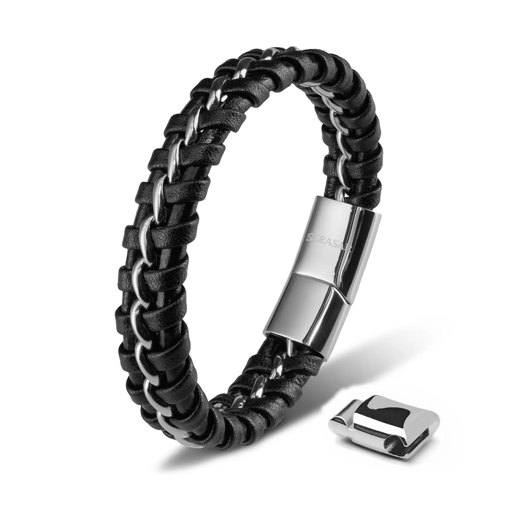 Serasar 'Joy' Men's Leather Bracelet, Silver & Black