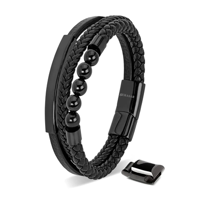 Serasar 'Pearl' Men's Leather Bracelet, Black