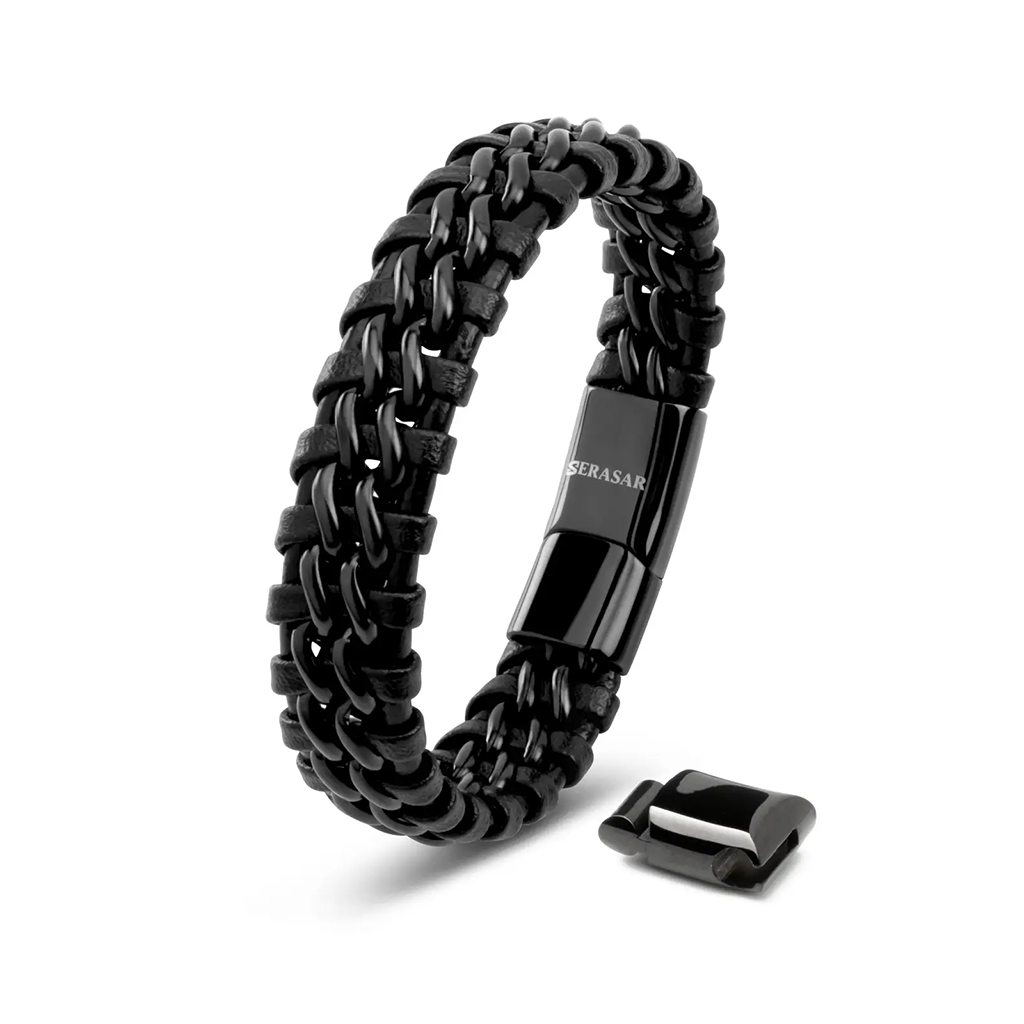 Bracelet en cuir pour homme Serasar 'Steel', noir