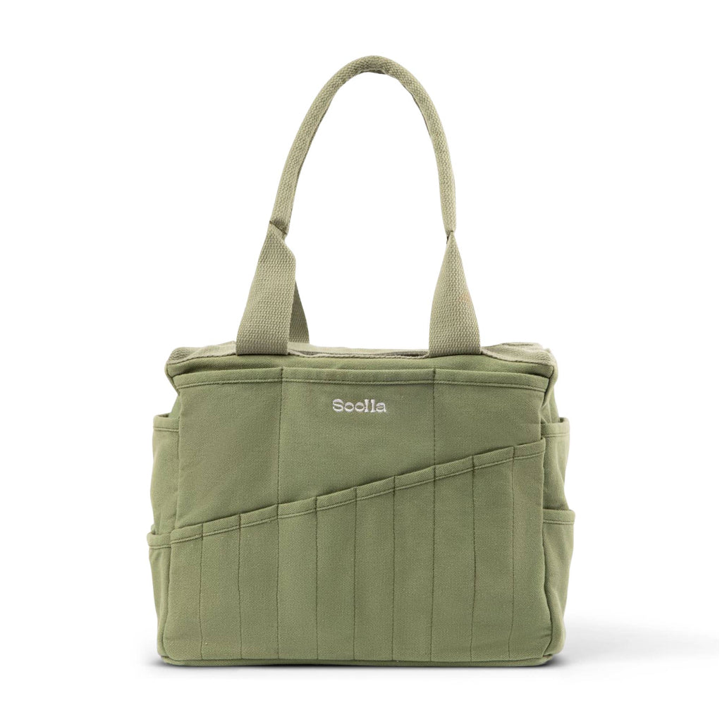 Green tote bag with multiple pockets and a visible brand logo on a white background