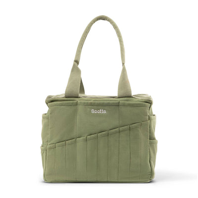 Green tote bag with multiple pockets and a visible brand logo on a white background