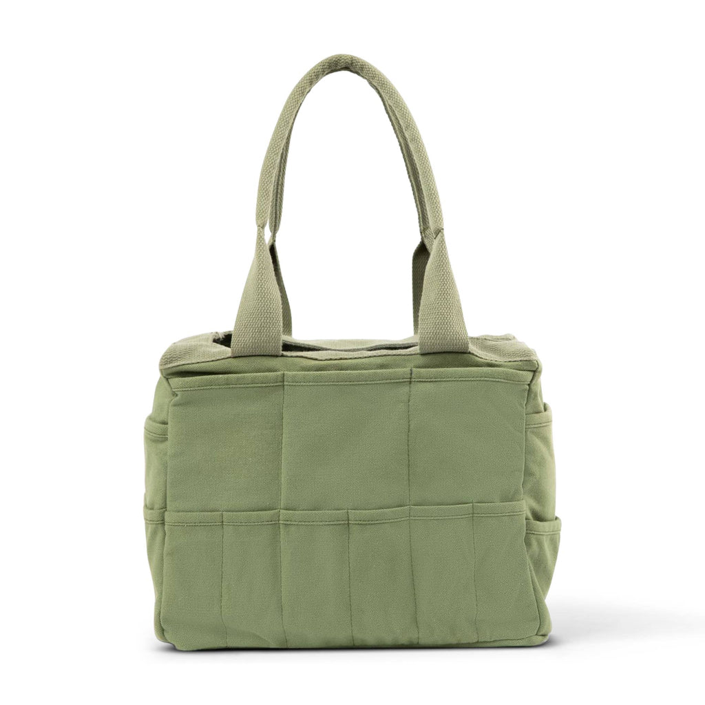 Green quilted tote bag on a white background