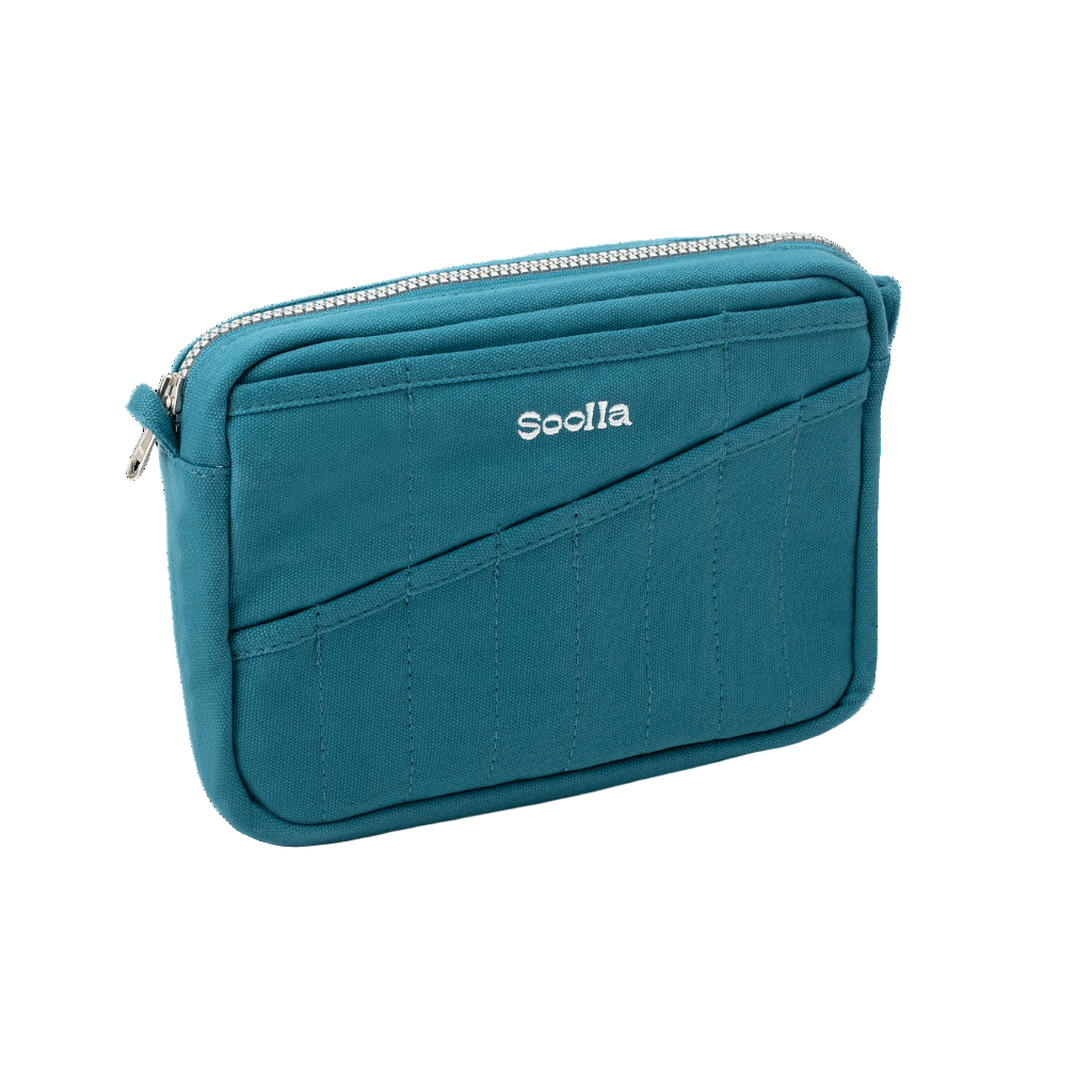 Teal pouch with a brand logo on a white background