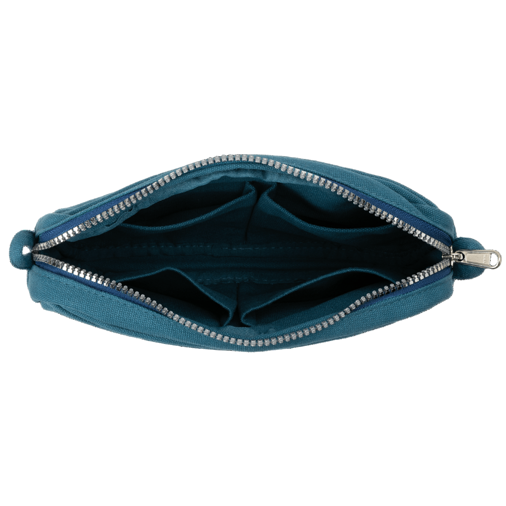 Blue pouch with a zipper on a white background