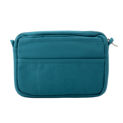 Teal travel pouch with a zipper on a white background