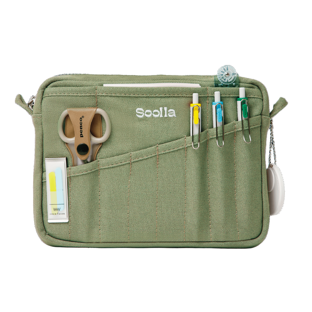 Green pouch with various tools and a visible brand logo on a white background