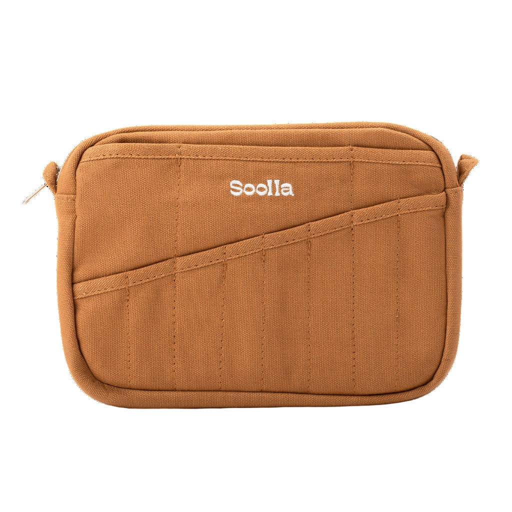 Brown pouch with 'Soolia' branding on a white background