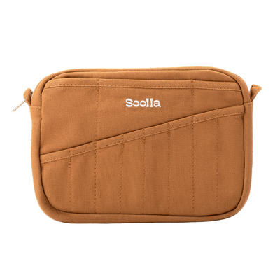 Brown pouch with 'Soolia' branding on a white background