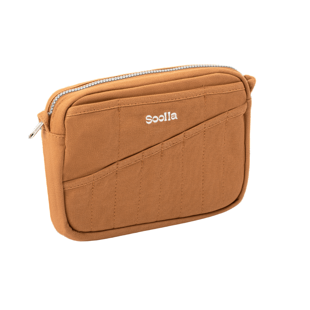 Brown pouch with a brand logo on a white background