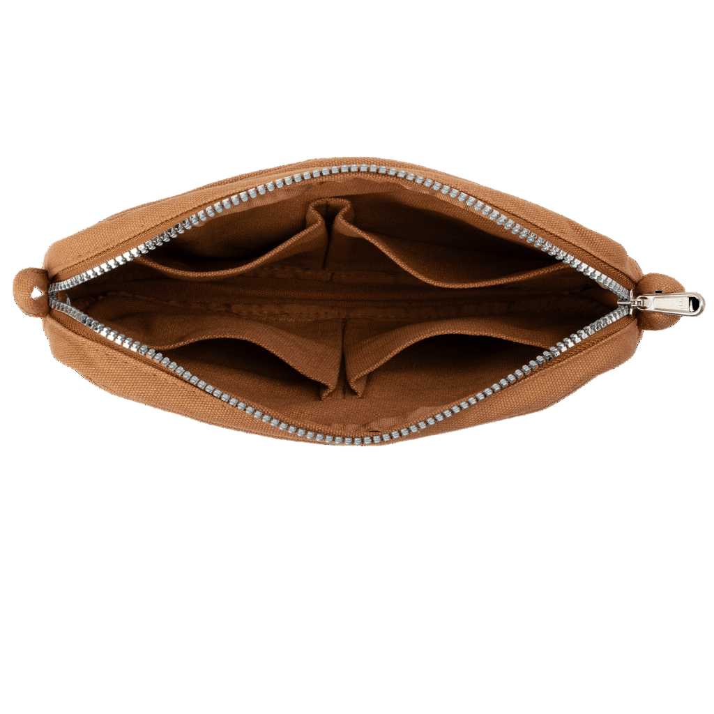 Brown pouch with a zipper on a black background
