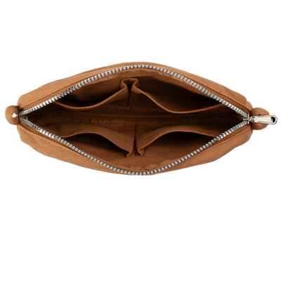 Brown pouch with a zipper on a black background