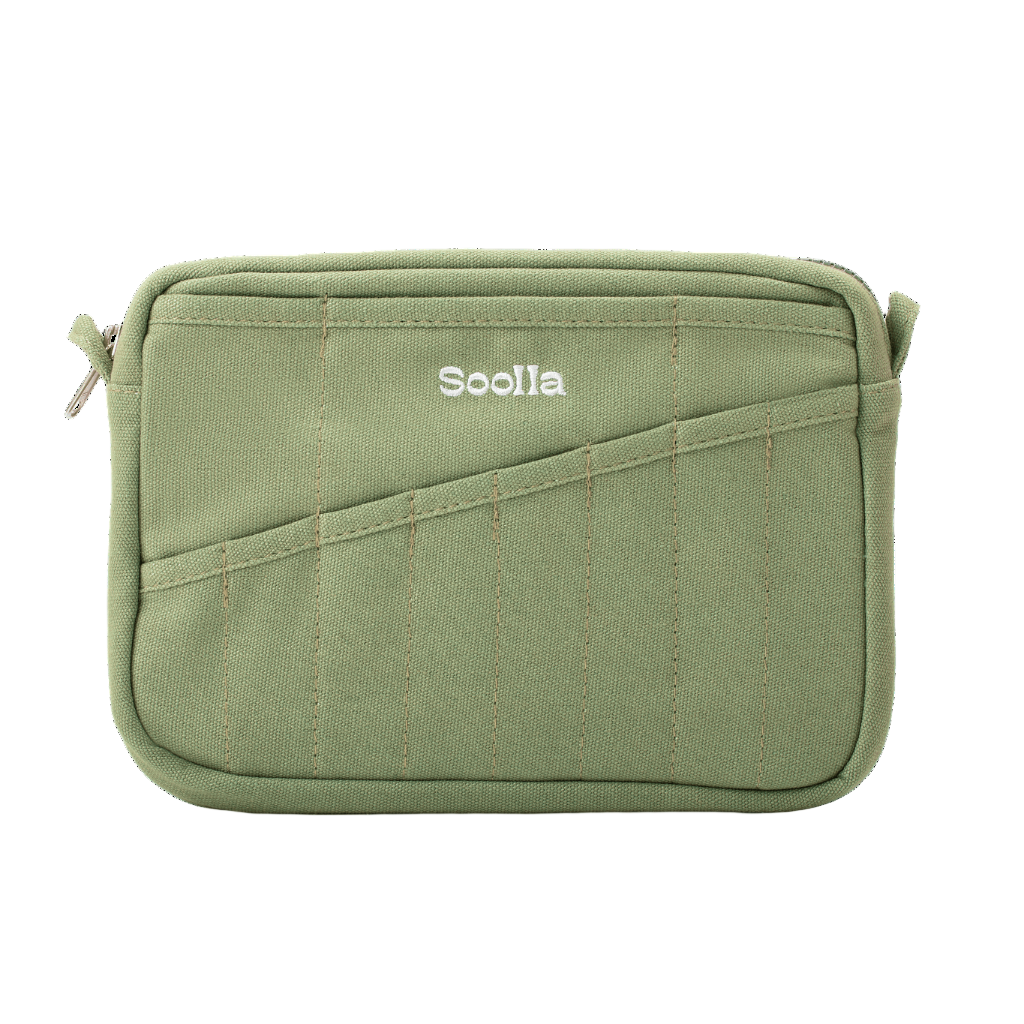 Green pouch with 'Soolala' branding on a white background