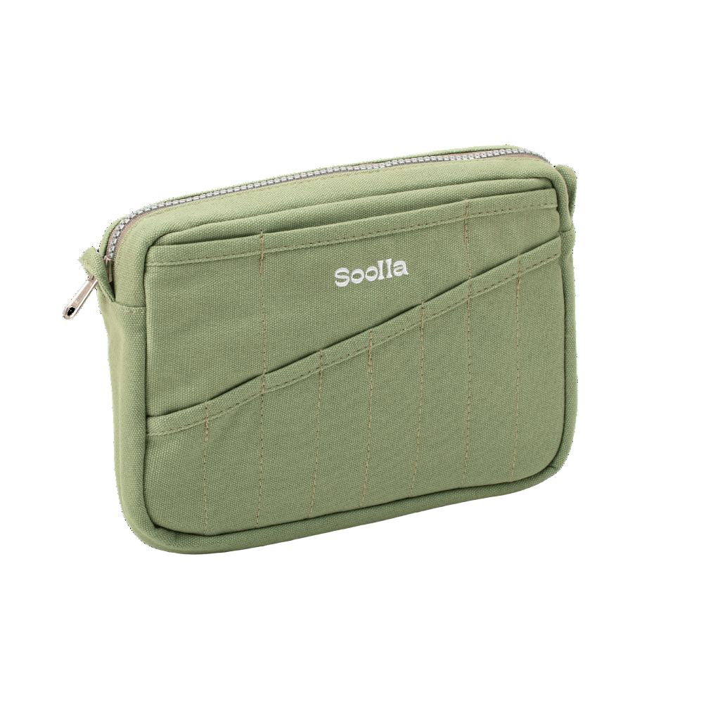 Green pouch with a diagonal zipper and 'Soolia' branding on a white background