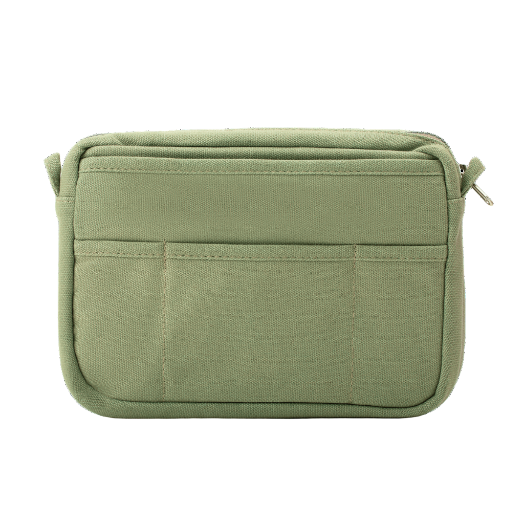 Green pouch with zippers on a white background