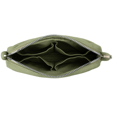 Green zippered pouch on a black background