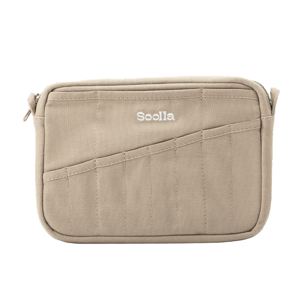 Beige pouch with 'Soolala' branding on a white background