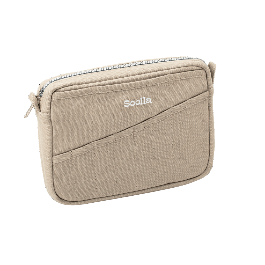 Beige pouch with zipper and 'Soolia' branding on a white background