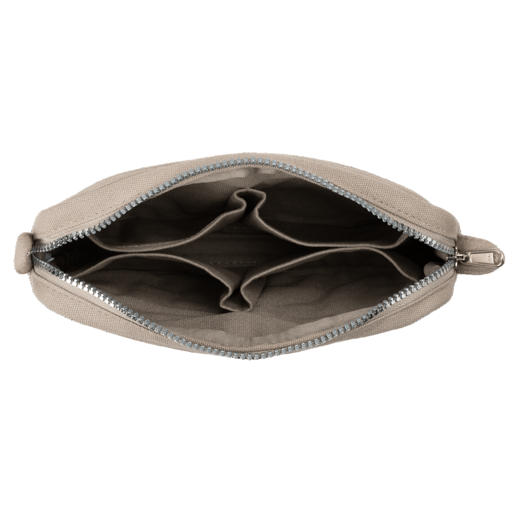 Beige pouch with a zipper on a black background