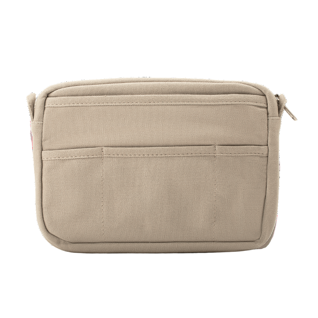 Beige travel pouch with multiple compartments on a white background