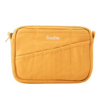 Yellow crossbody bag with 'Soolia' branding on a white background