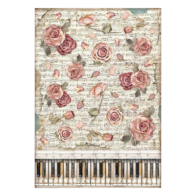 Stamperia Rice Paper Sheet A3 Roses Piano Passion Stadfsa3086 at Lighthouse Paper Co. in Melbourne, FL, Image 1