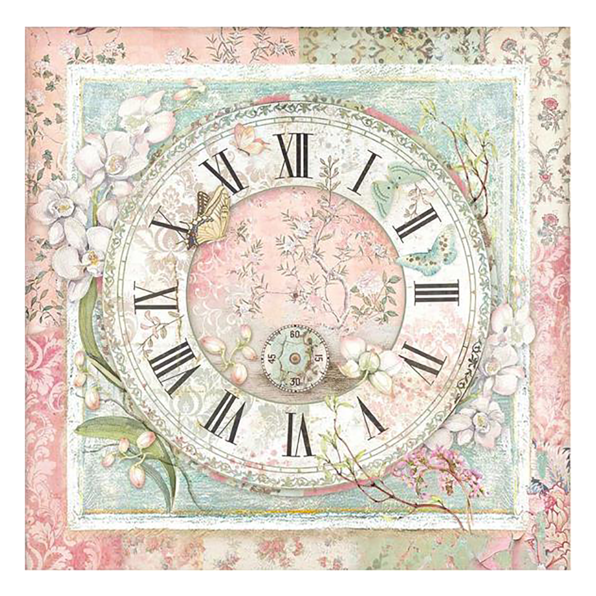 Feuille de papier pour scrapbooking Stamperia, 12 x 12 – Horloge/Orchidée et chats