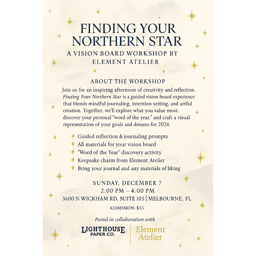 Promotional flyer for 'Finding Your Northern Star' workshop by Element Atelier with event details.