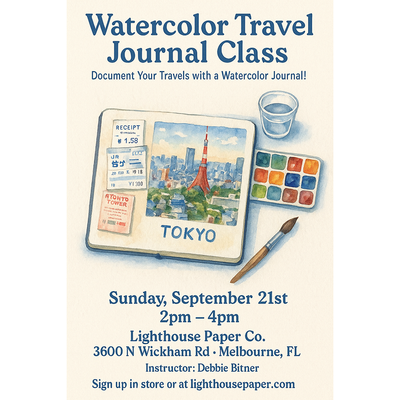 Advertisement for a watercolor travel journal class with a painting of Tokyo and stationery items.