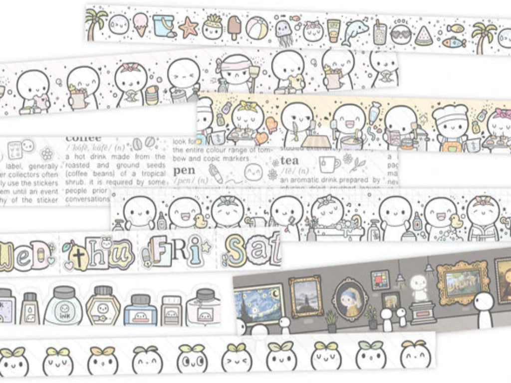 Set of decorative washi tape strips with cartoon characters and various designs.