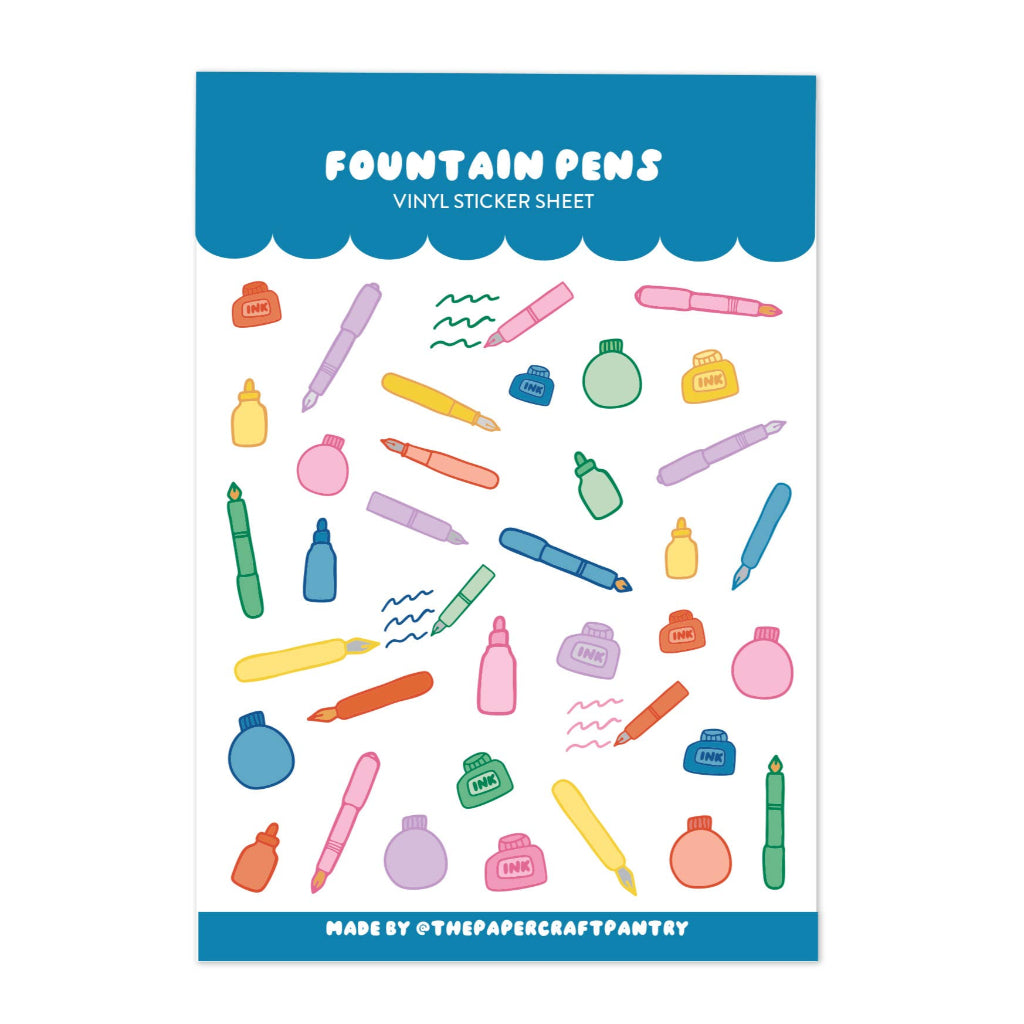 Fountain pens vinyl sticker sheet with colorful illustrations on a white background