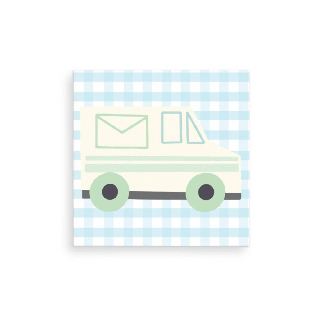 Illustration of a mail truck on a blue and white striped background