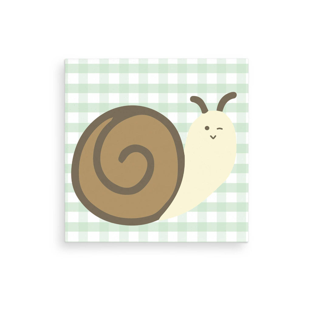 Cartoon snail on a green checkered background