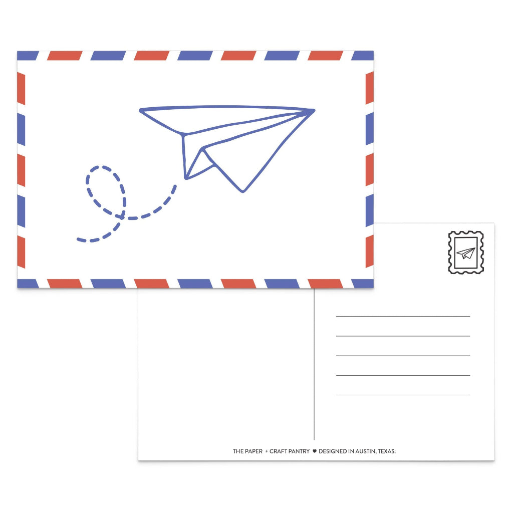 Postcard with a paper airplane design and red and blue stripes on a white background