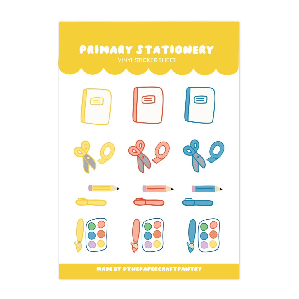 Packaging of a vinyl sticker sheet with stationery icons on a white background
