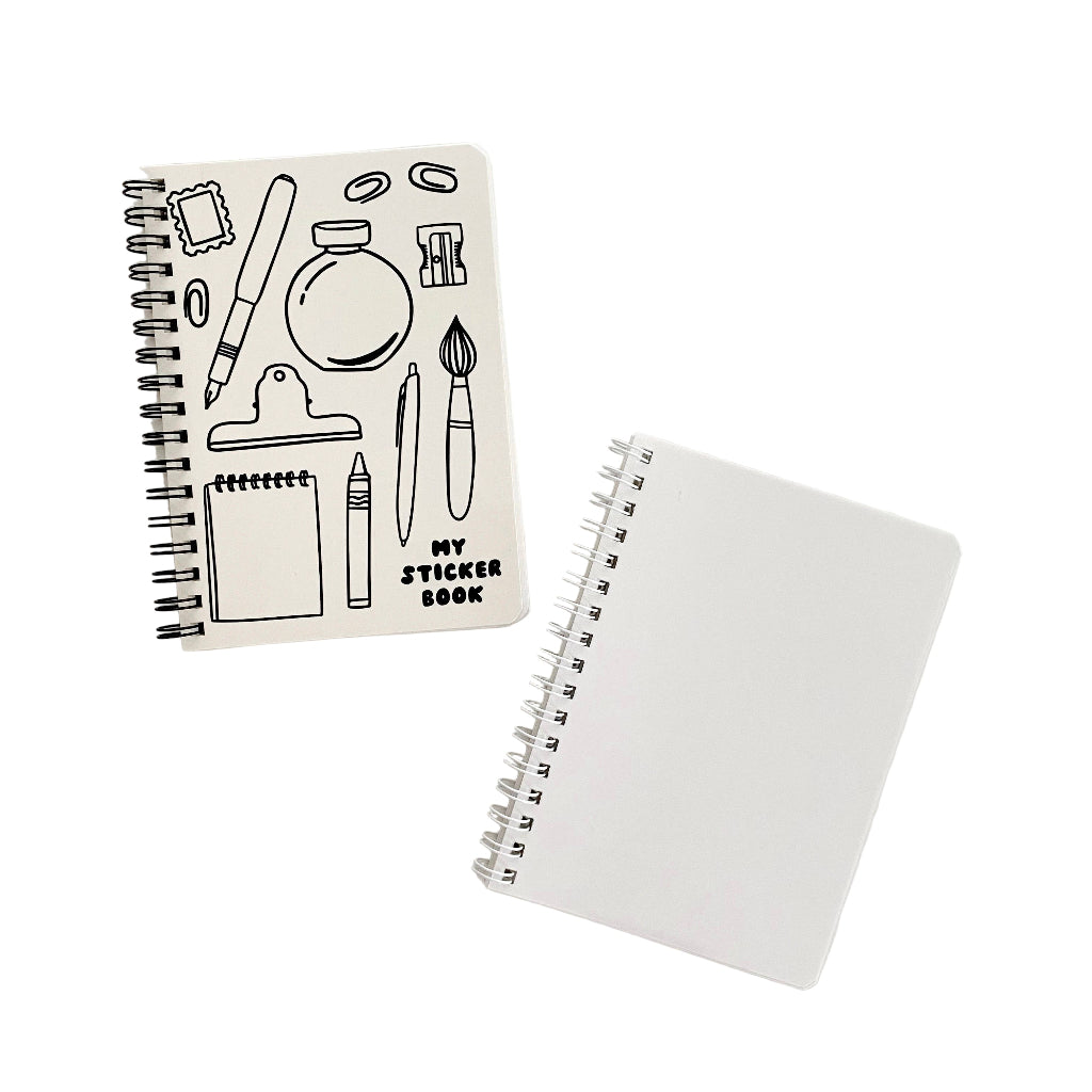 Sticker book with black and white illustrations on a white background