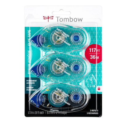 Tombow adhesive tape refills in packaging with blue and clear design