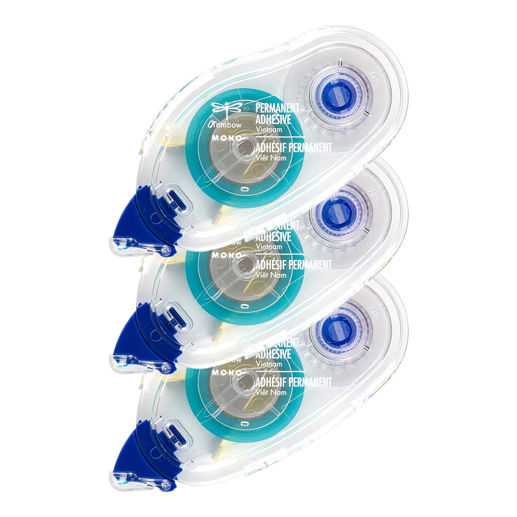 Three rolls of adhesive tape with blue accents on a white background