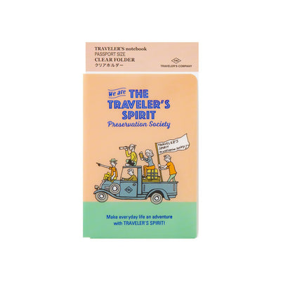 Clear folder with illustration of people in a car and text about 'The Traveler's Spirit' on a beige background.