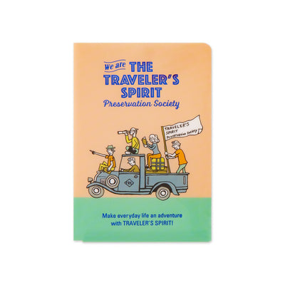Notebook with illustration of a truck and people on a peach and green background