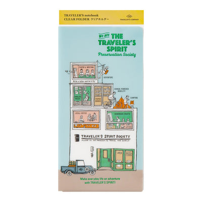 Traveler's notebook clear folder with colorful illustrations and text on a light blue background