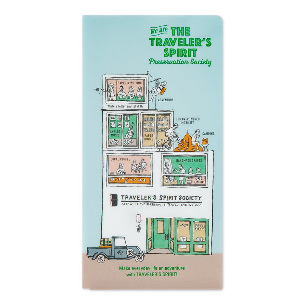 Booklet with illustrations and text about 'The Traveler's Spirit Preservation Society' on a light blue background.