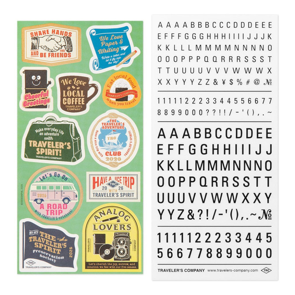 Collection of vintage-style stickers and a set of letters and numbers on a white background.