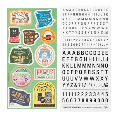 Collection of vintage-style stickers and a set of letters and numbers on a white background.
