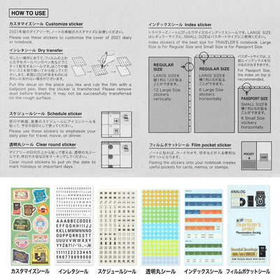 Instructions for using customizable stickers on a 2021 diary cover, including size guides and examples.